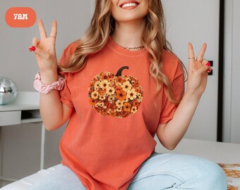 Camisa bohemia de otoño con flores de calabaza, sudadera bohemia cottagecore, camiseta bohemia de calabaza con flores, suéter de temporada de calabaza, temporada floral acogedora, ambiente otoñal