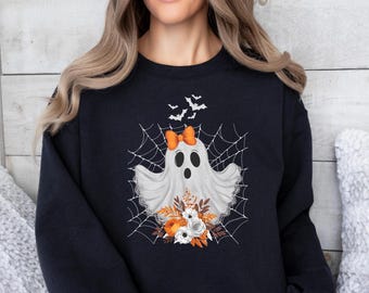 Halloween Lace Ghost Sweatshirt, Coquette Halloween Sweater, Ghost Bow Crewneck or Hoodie, Cute Ghost, Girly Ghost, Spooky Season Gift