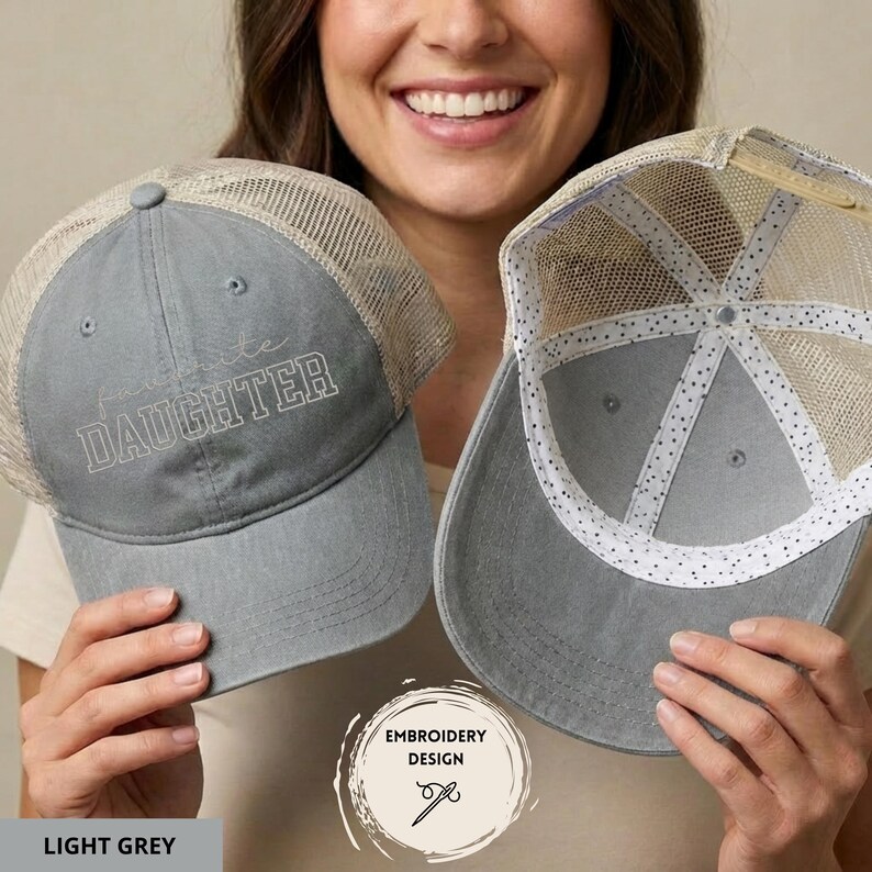 Embroidered Favorite Daughter Hat, Favorite Child Baseball Cap, Funny Daughter Gifts, Cute Trucker Hats, Gift for Child, Daughter Birthday Light Grey