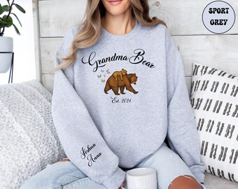 Personalized Grandma Bear Sweatshirt with Kid Name on Sleeve, Custom Est Nana Bear Sweater, New Grammy Sweatshirt, Custom Mom Crewneck