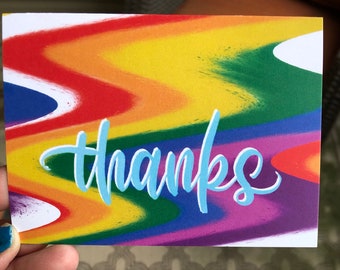 Rainbow paint swirls thank you card for showers, birthday, graduation, singles or in a set