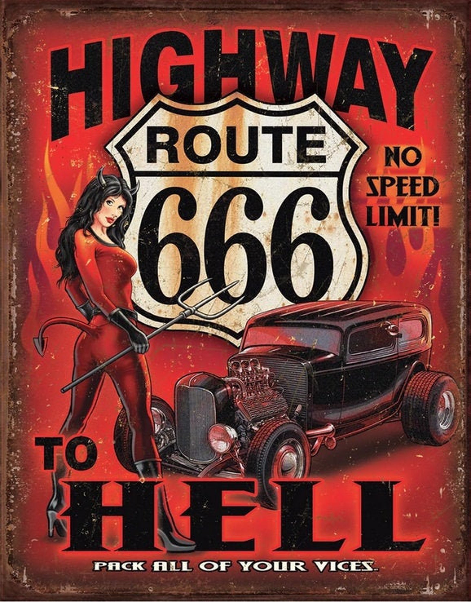 Vintage Metal Garage Sign Route 666 Highway To Hell Pinup Etsy