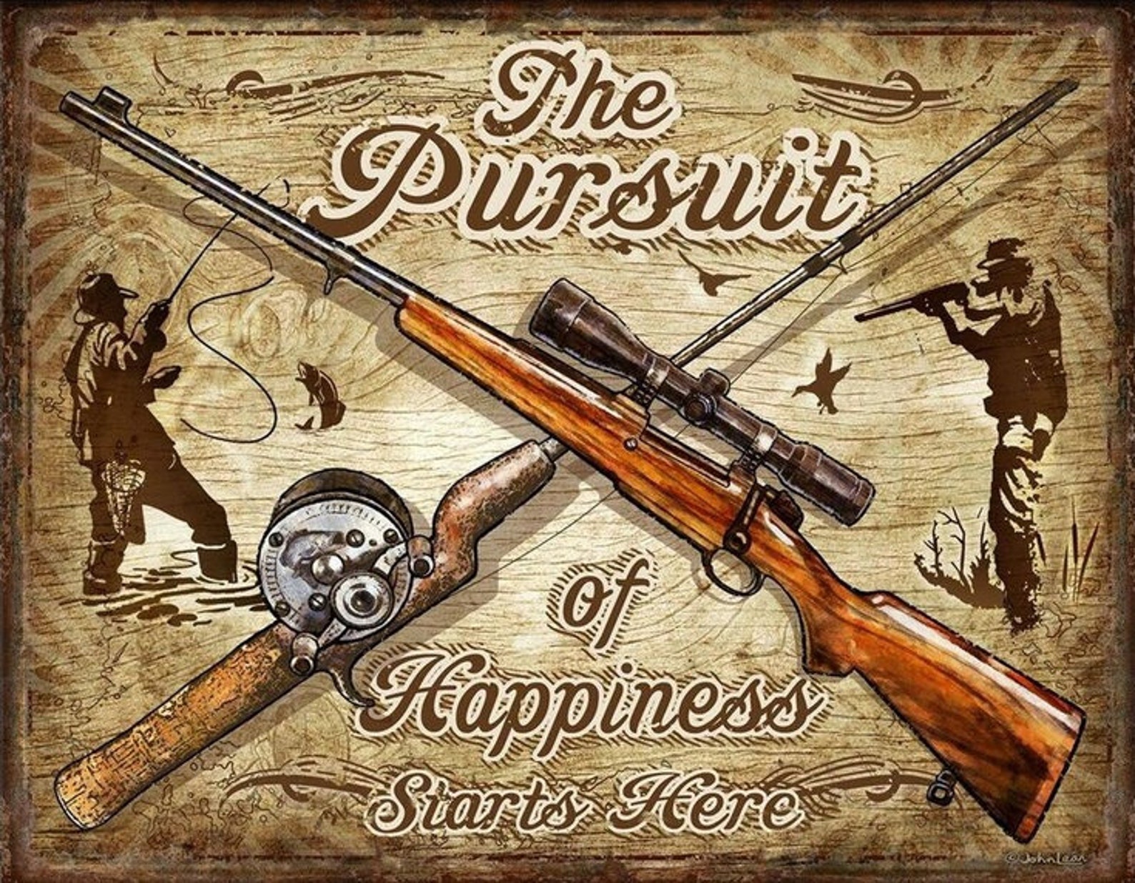 Vintage Metal Hunting & Fishing Sign Pursuit Of Happiness Etsy
