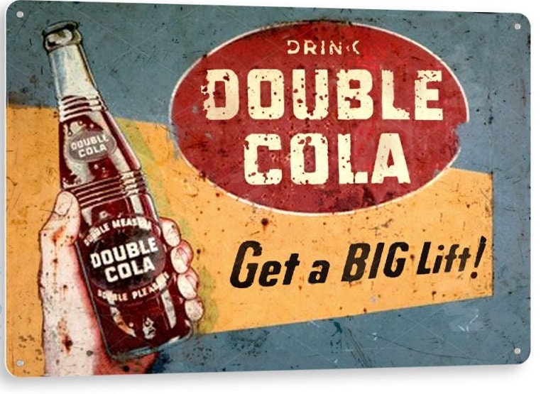 TIN SIGN "Double Cola” Coke Bottles Beverage Vintage Mancave Decor Summer
