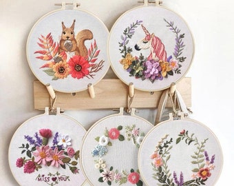 Embroidery Kit For Beginner Pattern Flowers Squirrel Full DIY Craft Kit w/ Needle Hoop