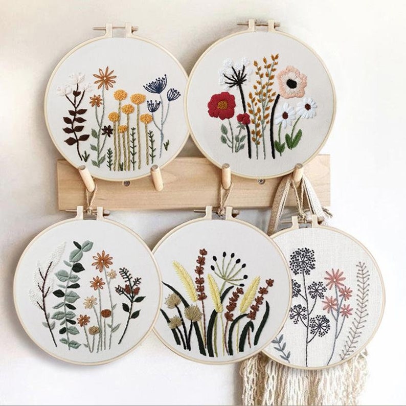 Embroidery Kit For Beginner DIY Craft Pattern Flowers Full Kit w/ Needle Hoop image 1