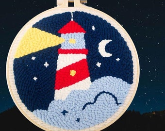 Lighthouse - Beginner Punch Needle Kit Starter Embroidery Pack Crafter’s Gift w/ Yarn Adjustable Needle Hoop