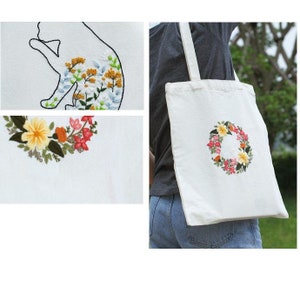 Embroidery Totebag DIY Sewing Craft Kit Eco Friendly Shopping Tote Flower Cat Pattern Style 1