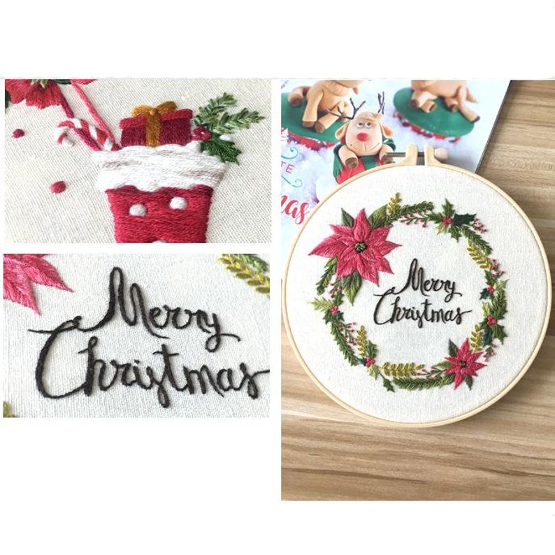 Embroidery Kit For Beginner Pattern Charismas DIY Craft Full Kit w/ Needle Hoop image 8