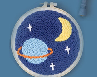 Star Moon - Beginner Punch Needle Kit Starter Embroidery Pack Crafter’s Gift w/ Yarn Adjustable Needle Hoop