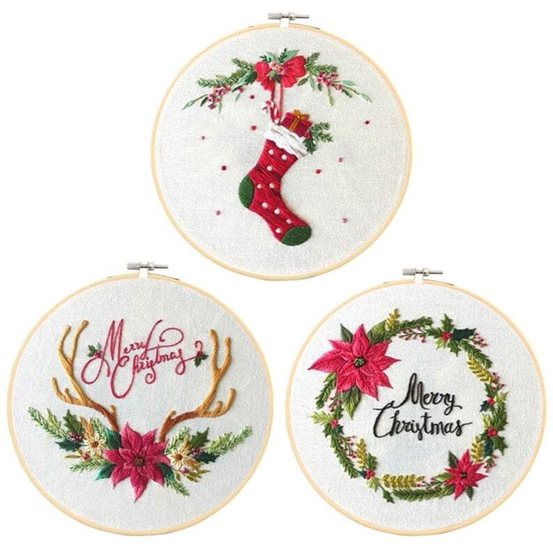 Embroidery Kit For Beginner Pattern Charismas DIY Craft Full Kit w/ Needle Hoop image 2