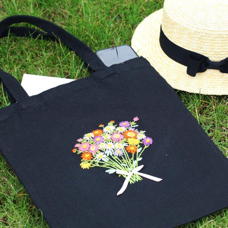Embroidery Totebag DIY Sewing Craft Kit Eco Friendly Shopping Tote Flower Cat Pattern Style 4