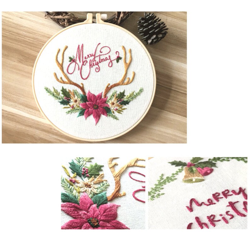 Embroidery Kit For Beginner Pattern Charismas DIY Craft Full Kit w/ Needle Hoop image 7