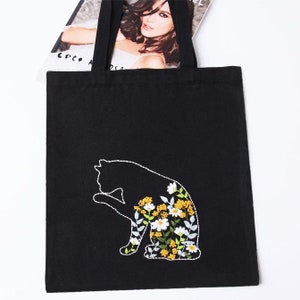 Embroidery Totebag DIY Sewing Craft Kit Eco Friendly Shopping Tote Flower Cat Pattern Style 3