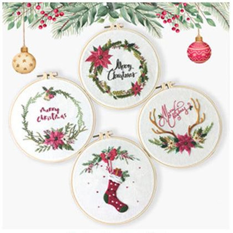 Embroidery Kit For Beginner Pattern Charismas DIY Craft Full Kit w/ Needle Hoop image 1