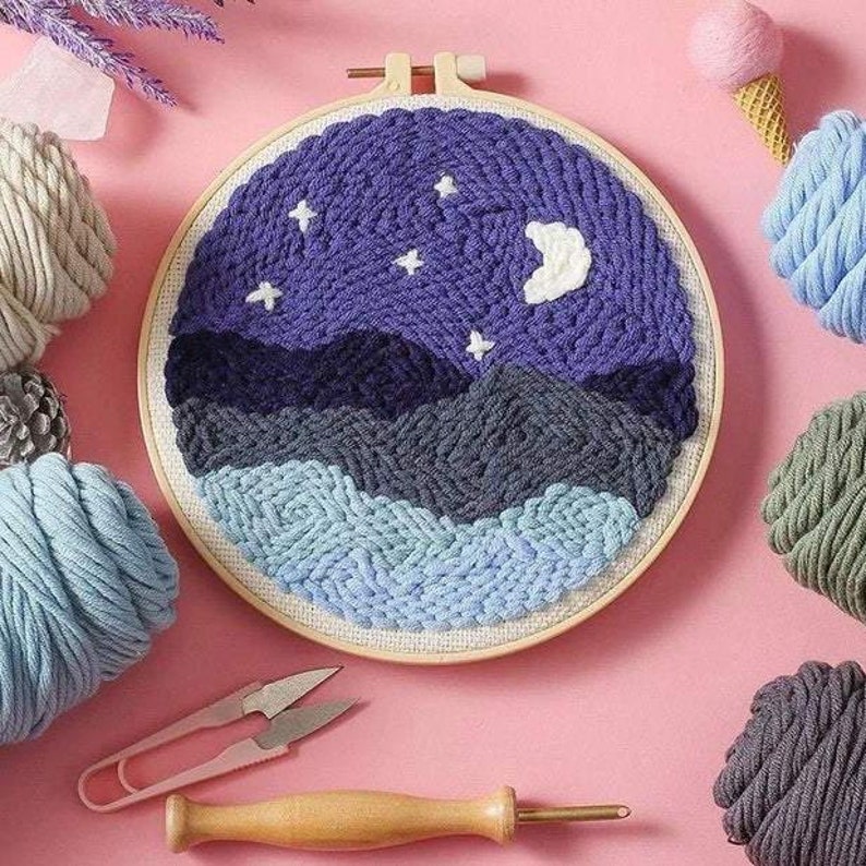 White Moon Beginner Punch Needle Kit Starter Embroidery Pack Crafters Gift w/Yarn Adjustable Needle Hoop image 1