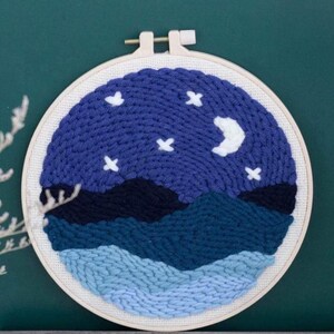 White Moon Beginner Punch Needle Kit Starter Embroidery Pack Crafters Gift w/Yarn Adjustable Needle Hoop image 2