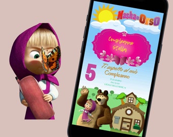 Masha and the Bear invitation, Masha and the bear digital invitation, Masha and the bear birthday, little girl birthday, Masha and the bear invitation, Masha party