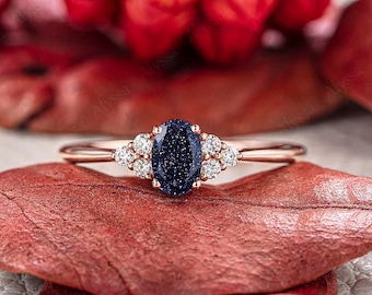 anniversary gift for her Uniqie Blue Sandstone Engagement Ring women diamond Geometric Ring Star Blue Lab Created Stone vintage rose Gold