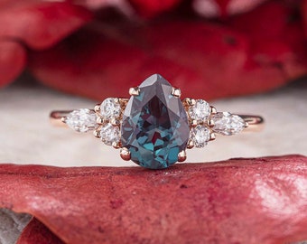 Vintage Pear shaped Alexandrite engagement ring rose gold cluster moissanite ring Art Deco unique diamond bridal ring antique anniversary