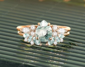 Pear shaped moss agate bridal set, Unique moissanite diamond engagement ring, Vintage Solid gold wedding band, Anniversary promise ring her