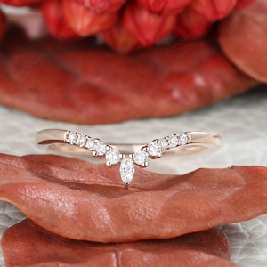 moissanite wedding band Curved wedding band yellow gold women vintage wedding band unique marquise cut diamond Stacking ring Matching band