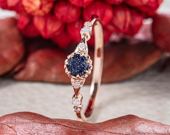 Blue Sandstone Engagement ring Vintage Engagement ring Unique Engagement ring Diamond Moissanite Rose gold ring Opal Anniversary gift her