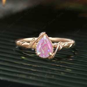 Pink opal engagement ring Solid rose gold solitaire leaf ring Pear shaped nature inspired bridal ring Unique Anniversary wedding ring