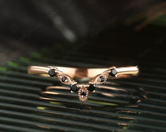 Vintage black diamond wedding band rose gold curved wedding band black onyx wedding band matching stacking band women promise gift for her