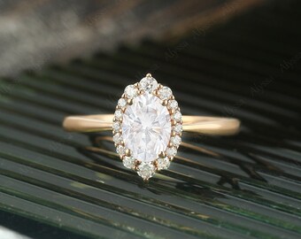 unique moissanite Engagement ring Vintage oval cut engagement ring Rose gold art deco diamond halo band promise bridal gift for women ring