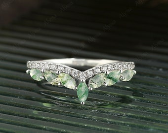 Vintage Moissanite Ehering Weißgold Moosachat geschwungener Ehering Diamant passender Stapelband Frauen Marquise Schliff Versprechen Ring