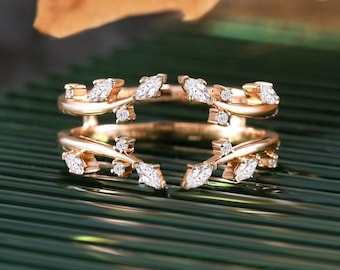 Solid gold Enhancer Wedding band Double Curved Wedding ring Vintage Moissanite Rose Gold Wrap Guard Ring Stacking Matching promise Ring gift