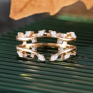 Solid gold Enhancer Wedding band Double Curved Wedding ring Vintage Moissanite Rose Gold Wrap Guard Ring Stacking Matching promise Ring gift