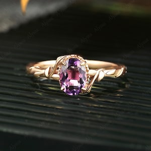 oval cut Amethyst engagement ring unique rose gold solitaire ring vintage women leaf ring promise bridal art deco Anniversary gift for her