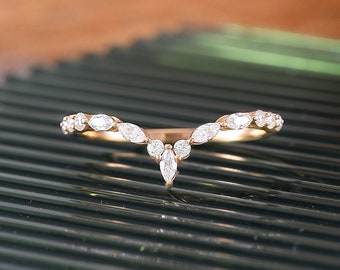 moissanite trouwring gebogen trouwring roségouden dames vintage trouwring unieke marquise geslepen diamant stapelring bijpassende band
