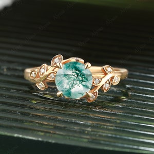 Round cut moss agate engagement ring Vintage solid gold diamond wedding ring Rose gold Moissanite unique anniversary bridal promie ring