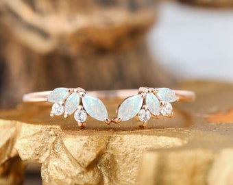 Open Curved white opal Wedding band Solid Gold Marquise cut moissanite ring Vintage Cluster Stacking diamond Matching Wedding Ring Women