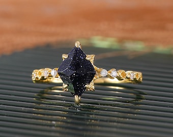 Unique Engagement Ring rose gold engagement ring vintage women diamond Blue Sandstone Ring anniversary gift for her