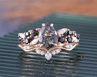 Pear shaped black rutilated quartz engagement ring set, vintage black onyx bridal set, solid rose gold moissanite diamond engagement ring