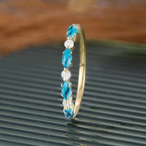Yellow gold turquoise wedding band solid gold moissanite wedding band marquise cut diamond promise ring Vintage wedding band bridal ring