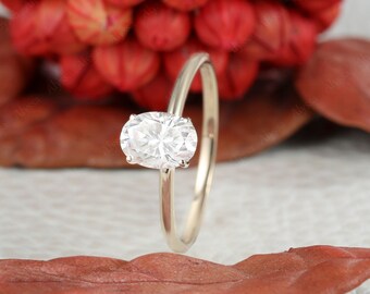 Moissanite Engagement ring oval cut solitaire ring solid 14k gold vintage engagement ring for women bridal simple ring anniversary gift