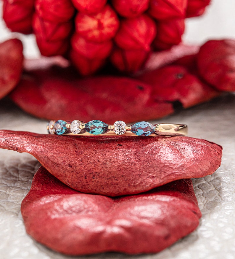 Marquise Alexandrite Wedding Band Moissanite Diamond Matching Band