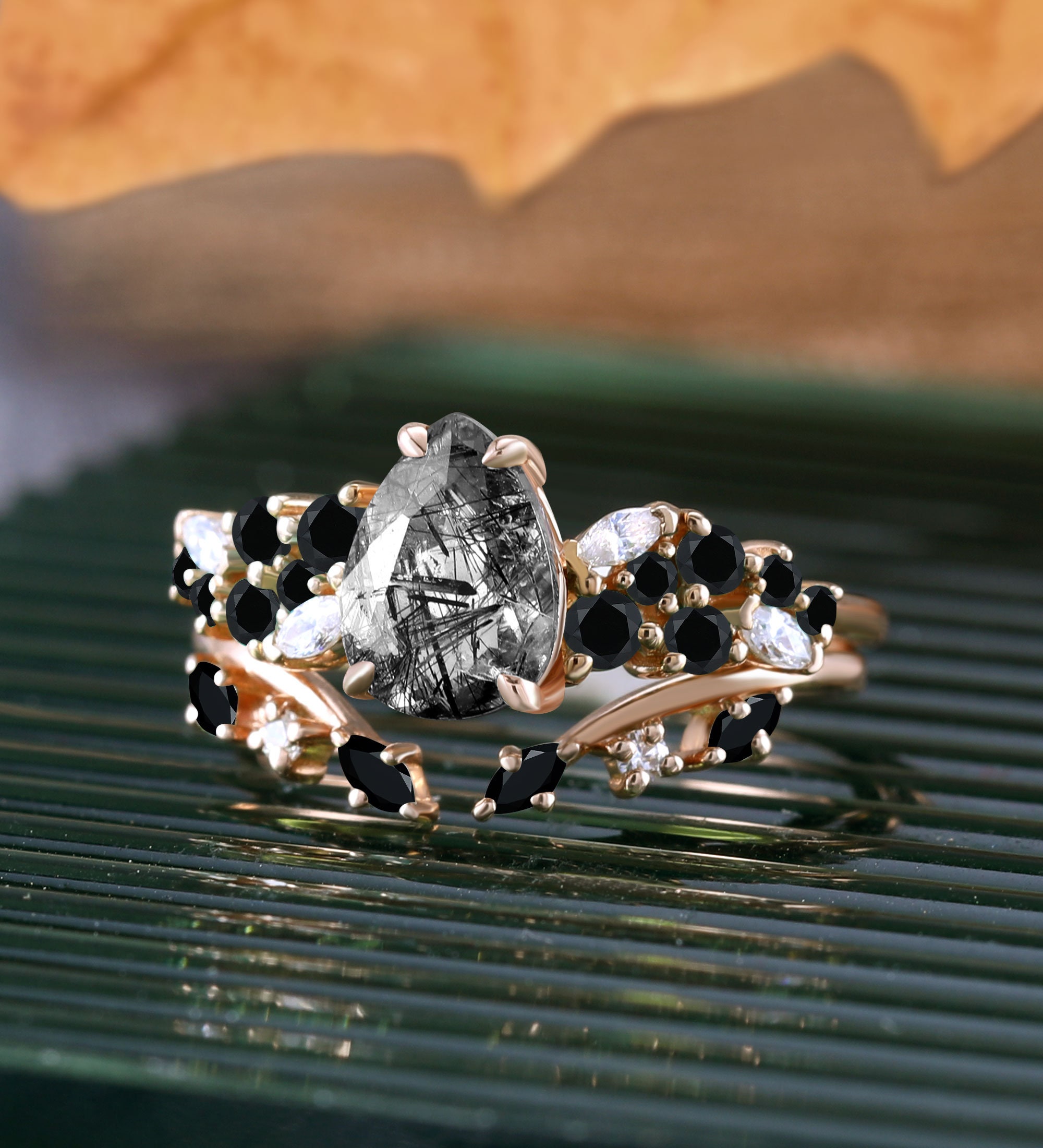 Pear Shaped Black Onyx Ring, Black Rutilated Quartz Bridal Set