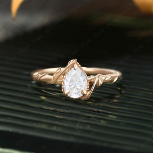 Pear shaped moissanite engagement ring unique rose gold solitaire ring women leaf ring promise bridal art deco Anniversary gift for her