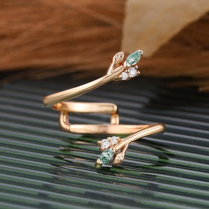 Double moss agate Curved Wedding Band solid gold moissanite Wrap Guard Ring Enhancer Stacking bridal ring Matching Wedding Ring For Women