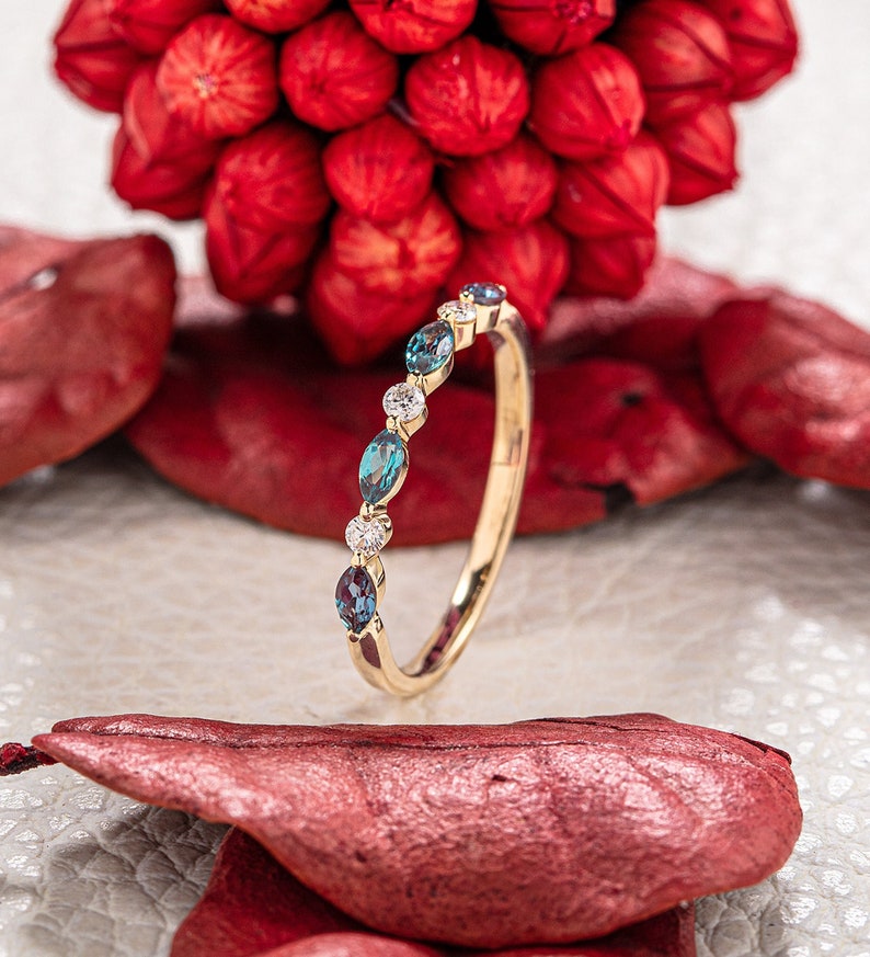 Marquise Alexandrite Wedding Band Moissanite Diamond Matching Band