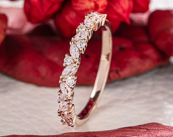 Anillo de compromiso de oro macizo de 14 k con moissanita de corte marquesa, anillo nupcial con banda a juego, anillo de boda apilable vintage para mujer