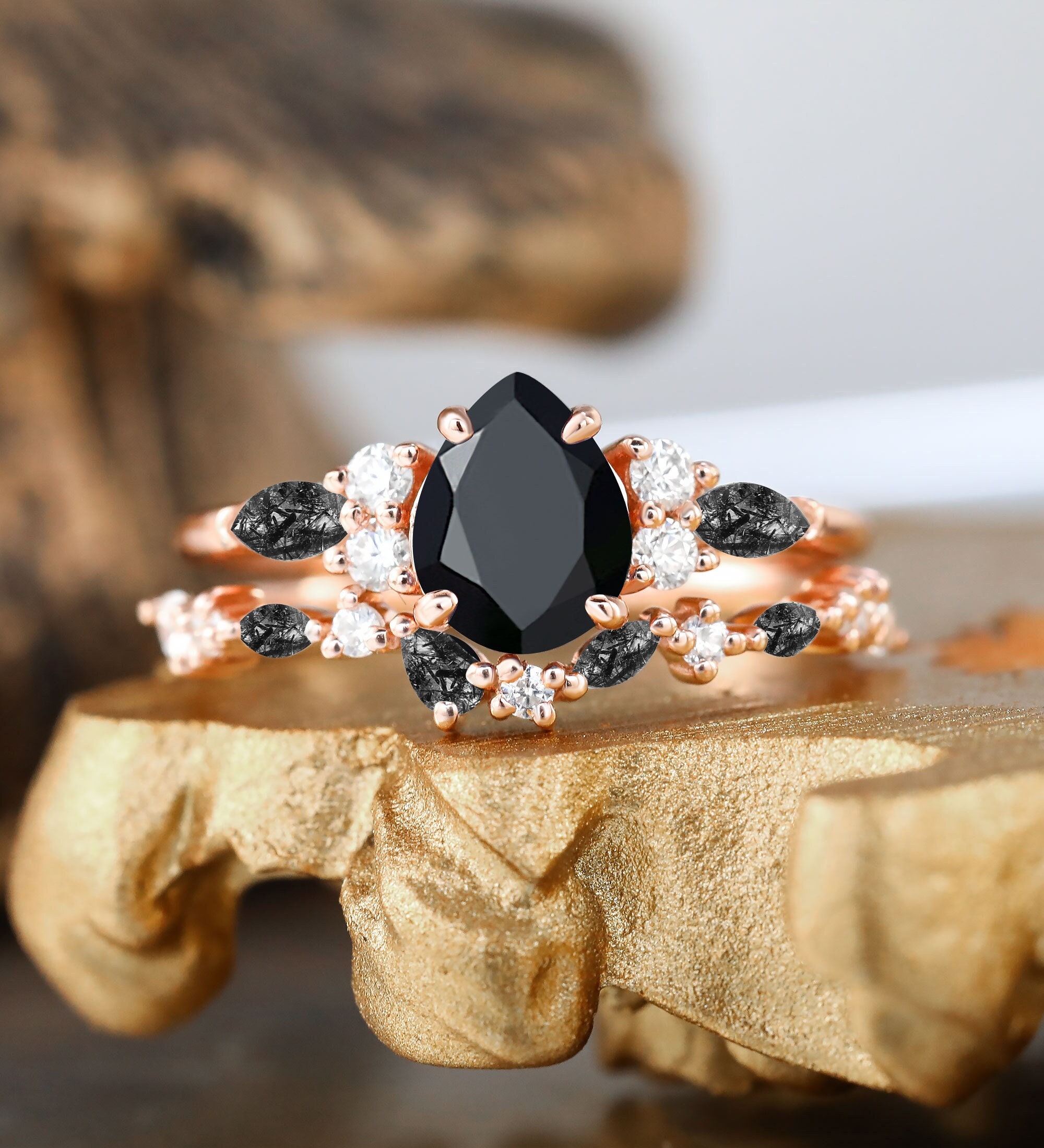 Pear Shaped Black Onyx Bridal Set Black Rutilated Quartz
