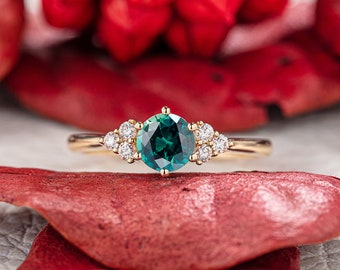 Unique Blue Green Sapphire Engagement ring Vintage Rose Gold ring Anniversary gift for her Diamond for women Moissanite Dainty Art Deco