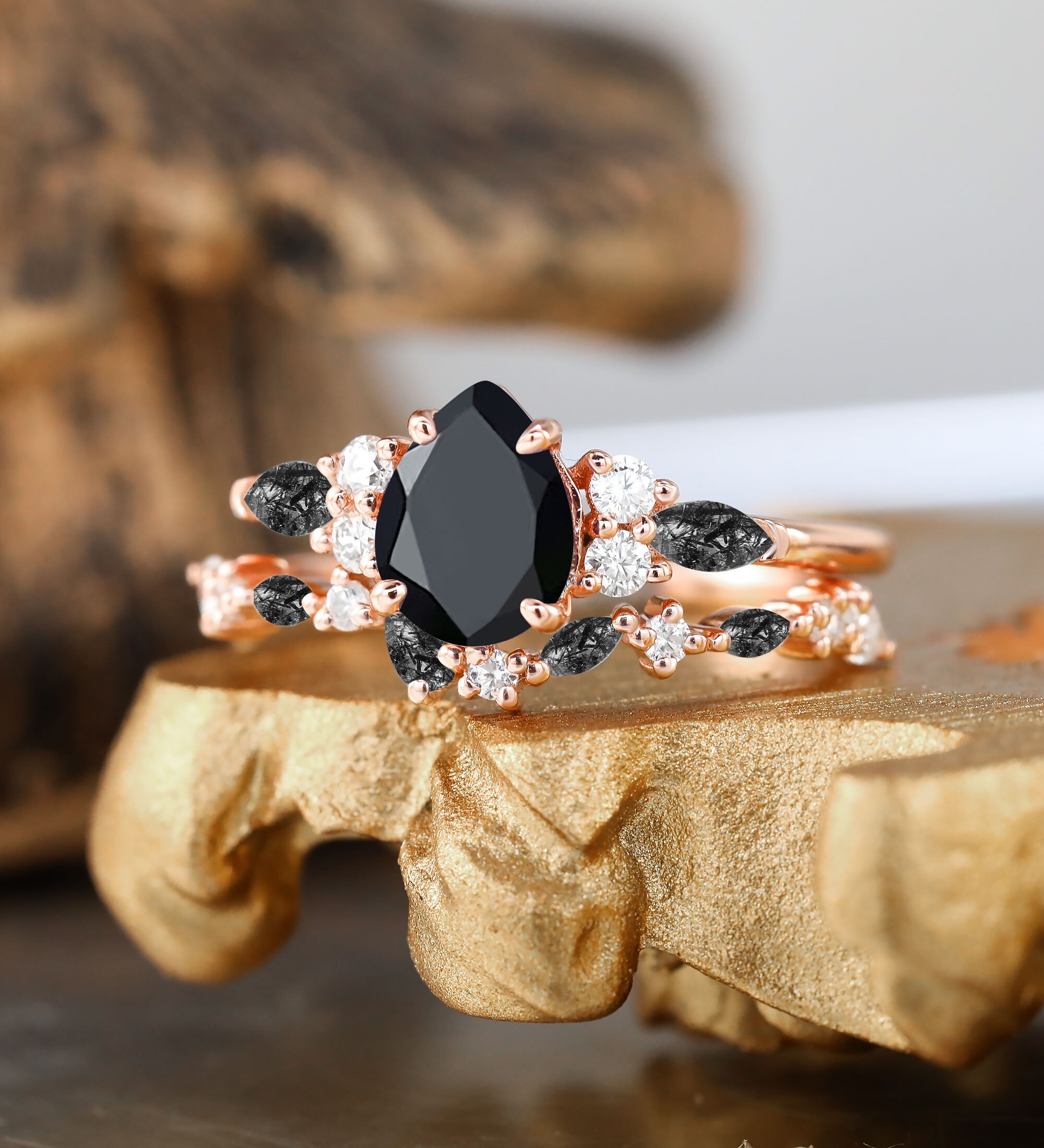Pear Shaped Black Onyx Bridal Set Black Rutilated Quartz